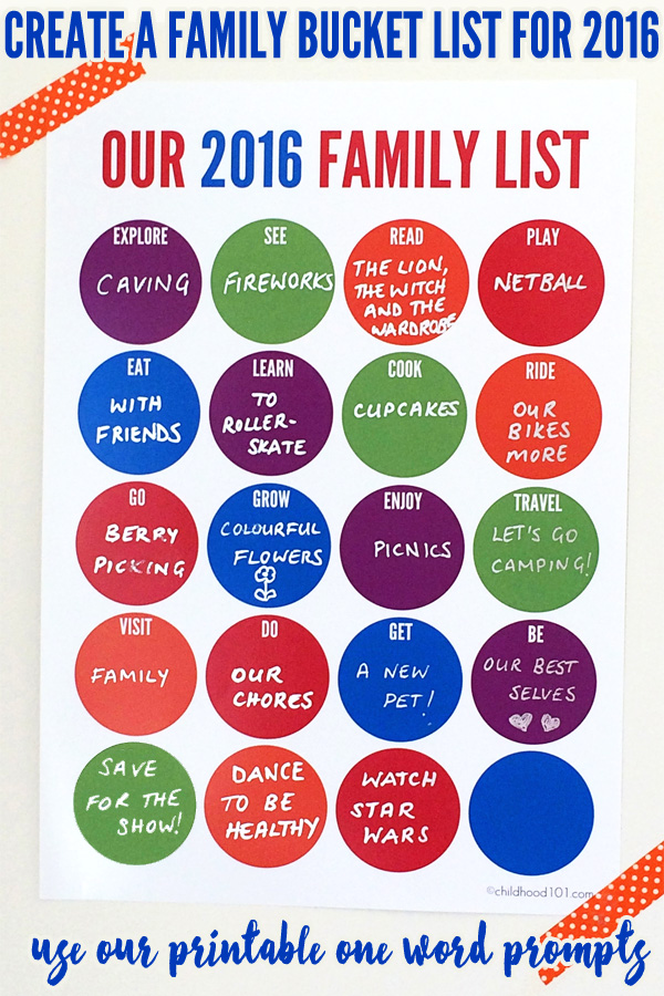 Create a 2016 Family Bucket List with the fun one word prompts on this handy printable