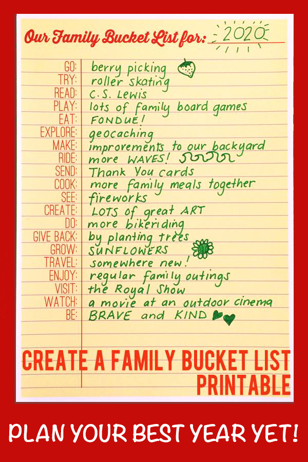 Family bucket list printable