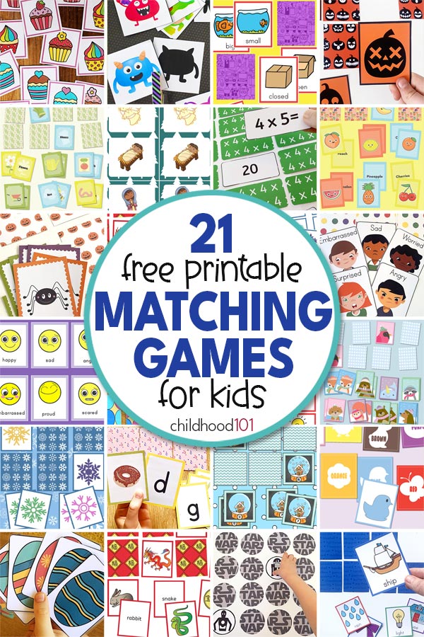 collage of 21 different free printable matching games for kids