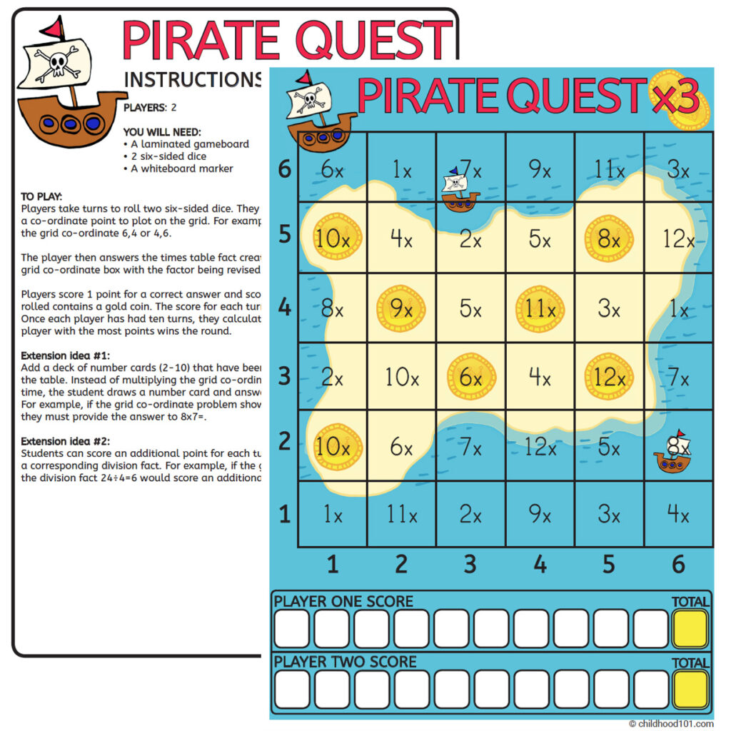 Pirate quest multiplication game printable