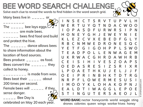 Printable bee word search for kids