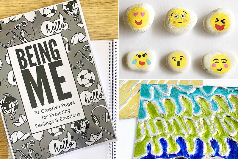 3 summer art and crafts for older kids - being me journal, rock art, ambossed foil art.