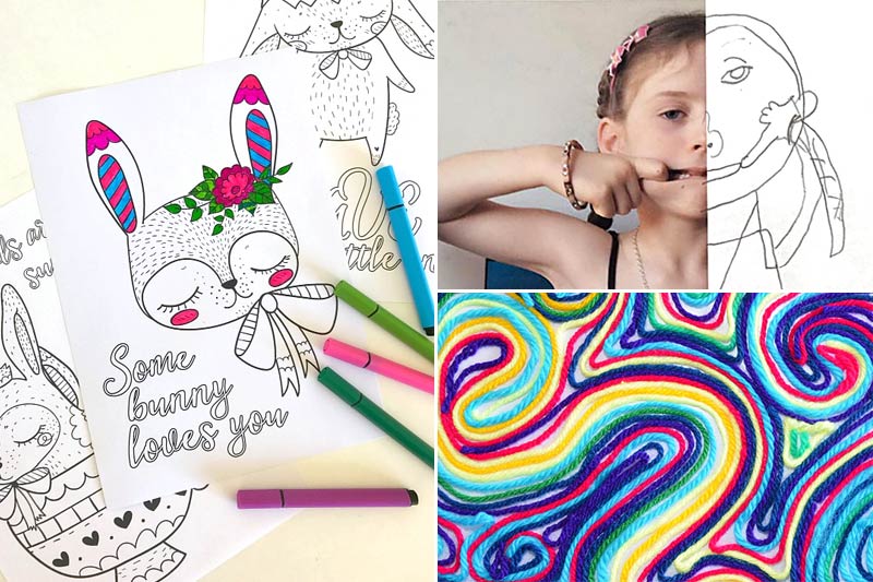 three fun summer art projects for tweens - coloring pages, photo drawing, yarn art.