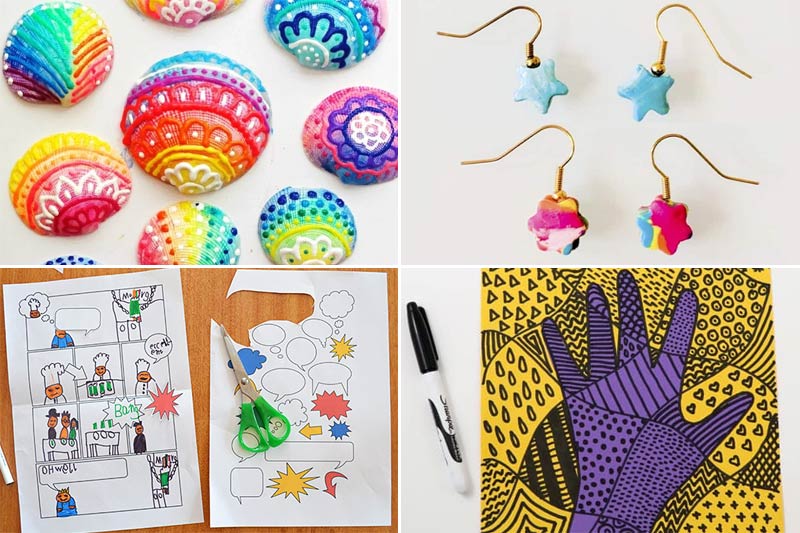 four tween art activities for summer - painted shells, clay earrings, comic book template, hand art.