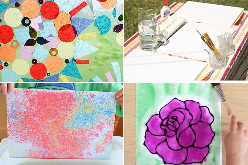 four summer art projects for tweens - mandala suncatcher, art party, chalk prints, glue art.
