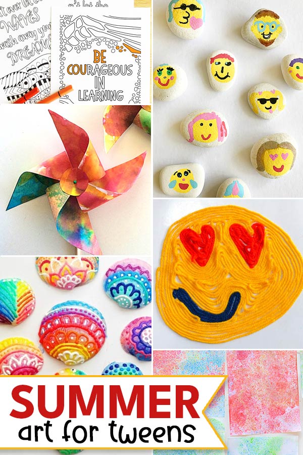 summer art for tweens - SEL journal, rock art, pinwheel, shell painting, yarn art, chalk art.