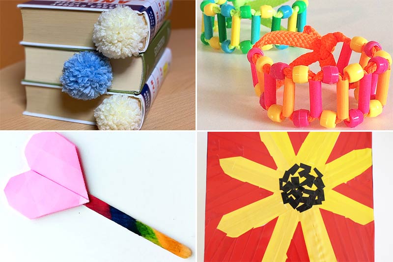 four summer camp crafts for tweens - pompom bookmark, ladder bracelet, origami heart, tape art.