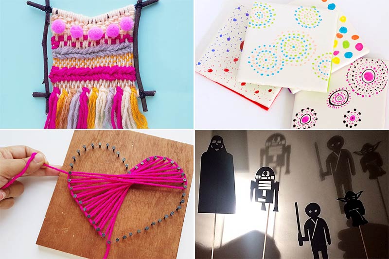 four easy tween crafts for summer camp - weaving, tile decoration, string art, star wars shaddow puppets