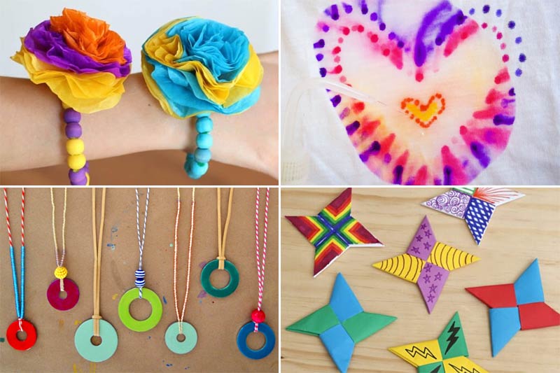 4 tween camp crafts - flower bracelet, sharpie tie dye, washer necklaces, paper ninja stars