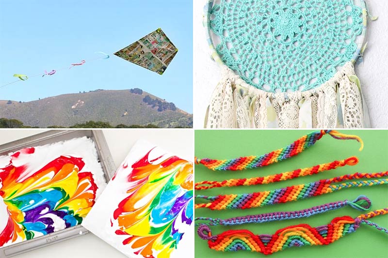 four summer camp crafts for tweens - paper kite, lace dream catcher, shaving cream marbling, friendship bracelets