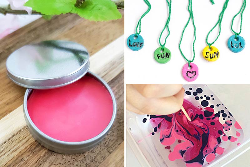 three summer crafts for tweens to make - lip balm, clay necklaces, marbling with nail polish