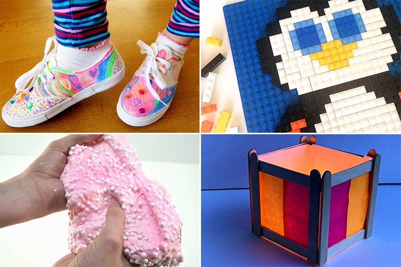 four crafts for tweens to do over summer - decorated shoes, Lego mosaic, floam lime, lantern.