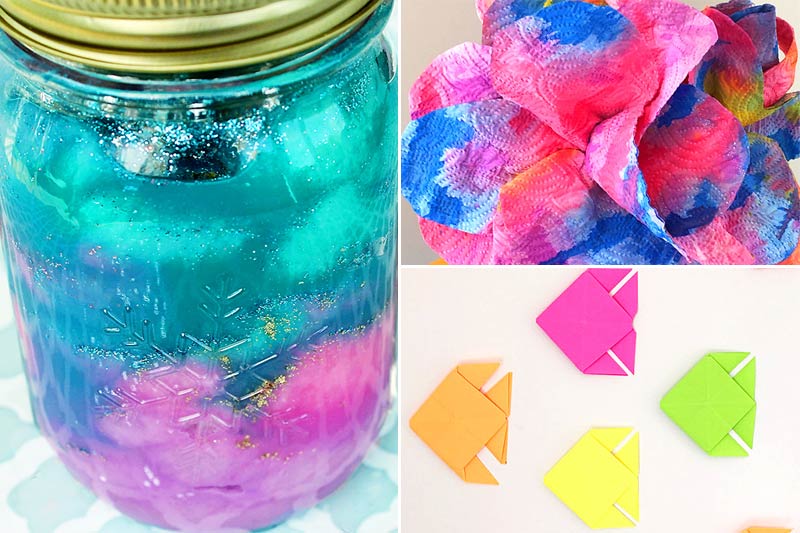 3 summer crafts for older kids - galaxy jar, paper flowers, origami fish.