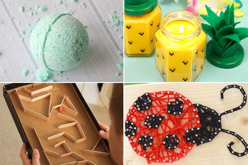 four summer crafts for tweens - bath bomb, pineapple candle, marble run, bug string art.