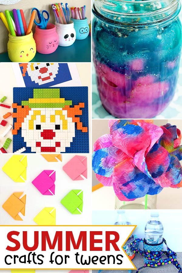 summer crafts for tweens - painted jars, galaxy jar, lego mosaic, paper flowers, origami fish, water bottle holder. 