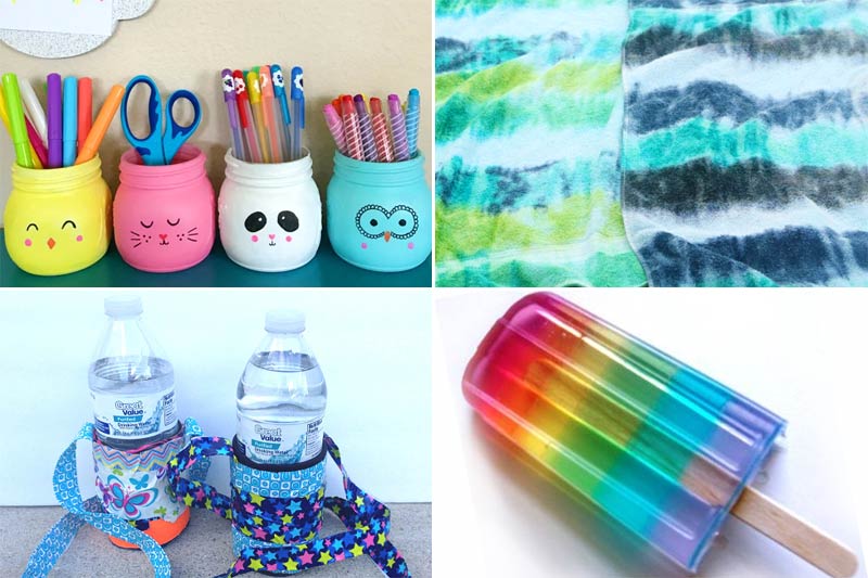 four summer crafts for tweens - painted jars, tie dye towel, water bottle holder, popsicle soap.
